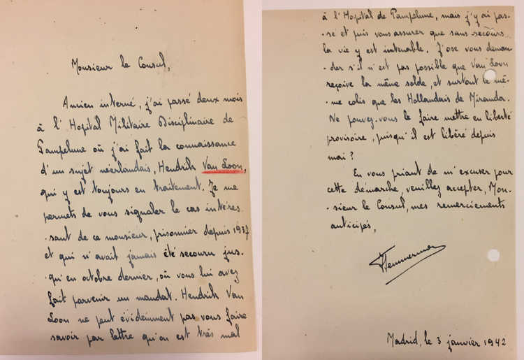Briefje over Harry van Loon aan de Nederlandse consul in Spanje.