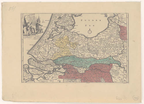 Kaart van het rivierengebied van Nederland met daarop de overstroomingen van 1726, 1740 en 1741. (Bron: B. Ruyter naar J. Goeree, 1741, BHIC)