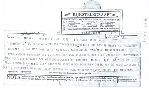 Telegram 16 mei 1944 oppakken zigeuners (Bron: Gelders Archief)