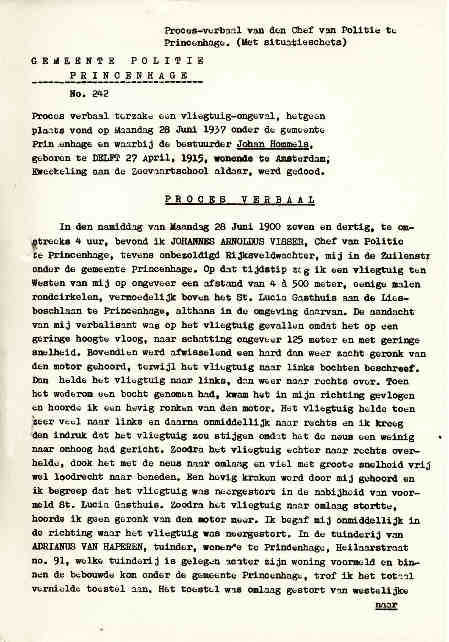 Politierappor J.A. Vissers omtrent een neergestort vliegtuig in Princenhage 19370628