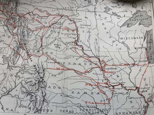Een kaart met daarop het missiegebied van Christiaan Hoecken. (Bron: Carte des Voyages du P. De Smet chez les tribus indiennes in: E. Laveille S.J., Le P. De Smet, Apôtre des Peaux-Rouges 1801-1873, Louvain, 1928)