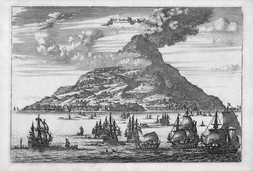 Gezicht op het eiland Ternate. (Bron: Johannes Kip, 1682, Rijksmuseum)