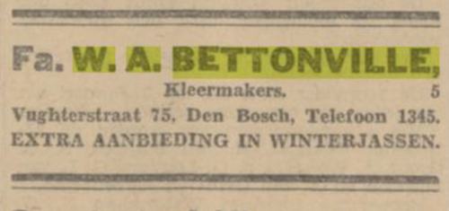 Advertentie voor winterjassen van FA. W.A. Bettonville in Den Bosch.