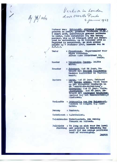 Verslag van het verhoor van Janus Hagelaars door Oreste Pinto. (Bron: Oreste Pinto, 4 januari 1943, Nationaal Archief)