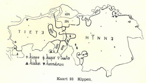 Op deze kaart uit het proefschrift van A. Weijnen is de grens tussen West-Brabant en de rest van Brabant te zien in het woord voor 'kip' (Bron: A. Weijnen, 1937)