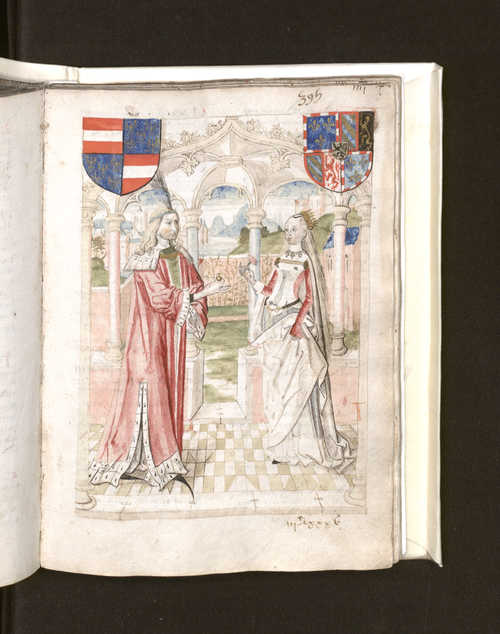 Het huwelijk van Maria met Bourgondië en Maximiliaan van Oostenrijk in de Excellente Cronike van Vlaenderen (ca. 1490) (Bron: Openbare Bibliotheek Brugge, hs. 437, fol. 384r)