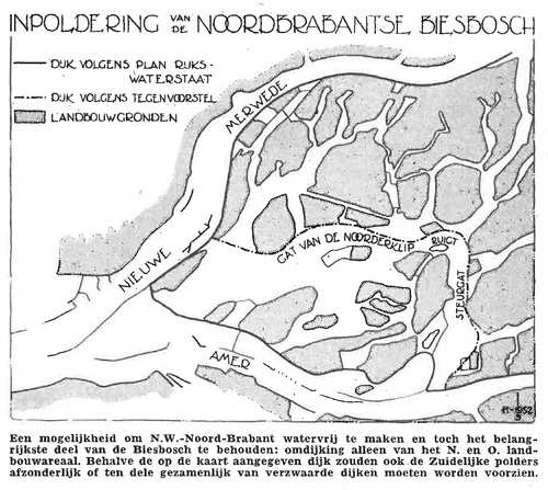 'Brabantse stemmen over de Biesbosch-inpoldering', een kaart van de Biesbosch met daarop het plan van Rijkswaterstaat en een tegenvoorstel met een ander dijktracée. (Bron: Natuur en Landschap, 1952)