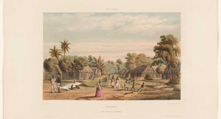 Vertrekken van tot slaafgemaakten in Suriname (Bron: Jacob Eduard van Heemskerck van Beest, 1860 - 1862, Rijksmuseum)