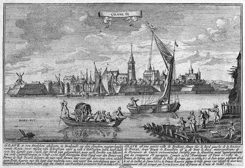 Gezicht op Grave met op de voorgrond een veerboot Prent getekend door Joannes Peeters en gegraveerd en uitgegeven door Caspar Bouttats in Antwerpen (Bron British Library 1672)