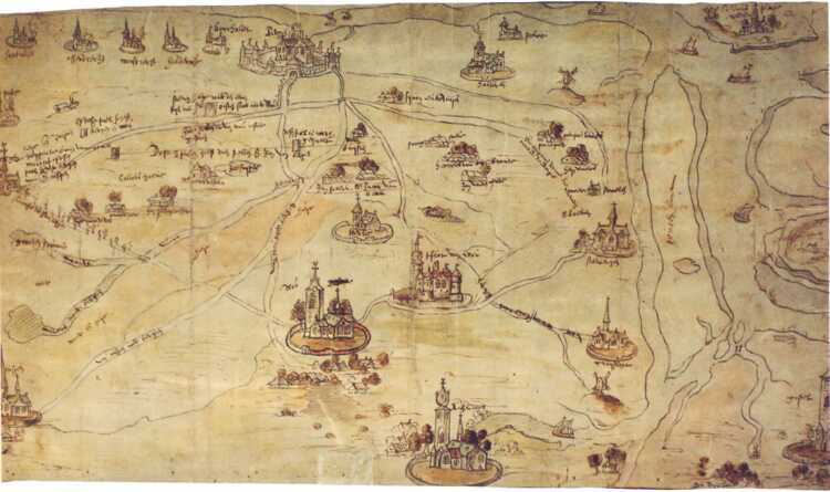 Steden, dorpen en wegen in het Markizaat van Bergen op Zoom (ca. 1545-1550) (Bron West-Brabants Archief, K18441)