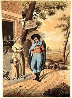 Litho uit het begin van de negentiende eeuw, een "handelsreiziger of Teut". (Bron: maker onbekend, collectie Museum ’t Oude Slot Veldhoven NL, Maas-Rooijakkers CVV-0635)