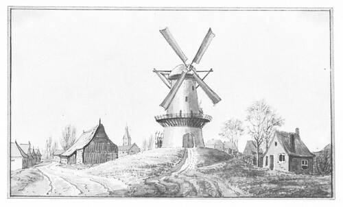 “De Molenwacht in het Cantonnement te Etten, op de vereeniging der Weegen van Sundert & van Spundel naar Etten, van welk dorp de Toren in het verschiet staat. 10 febr. 1831.” (Bron: Gevers van Endegeest)