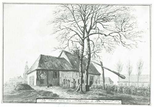 “De Wacht aan de Molenweg te Etten, maart 1831.” (Bron: Gevers van Endegeest).