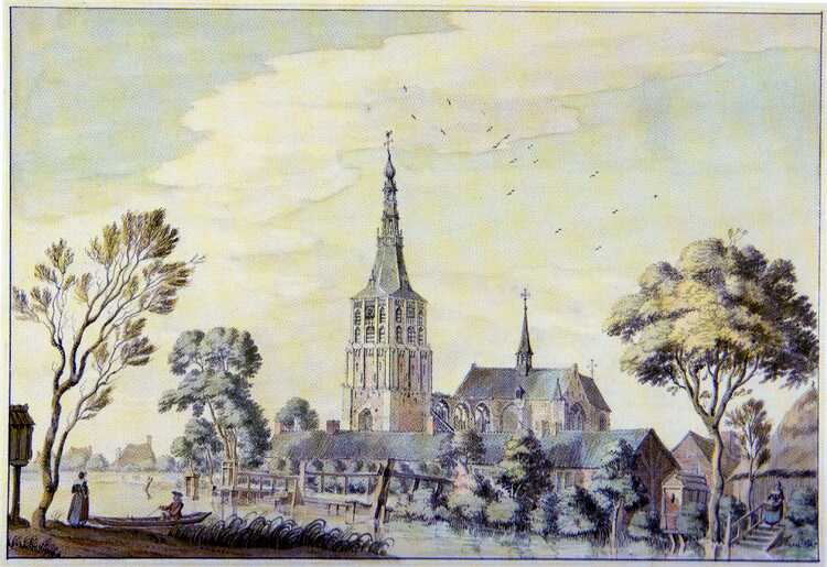 De Sint-Petruskerk in Boxtel met het ingestorte schip. (Bron: maker onbekend, achttiende eeuw, Brabant Collectie)