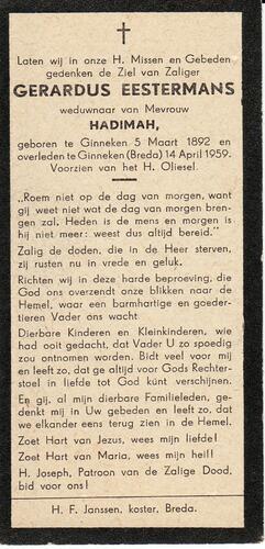 De achterzijde met tekst van het bidprentje voor Gerardus Eestermans. (Bron: collectie S. Kannekens)