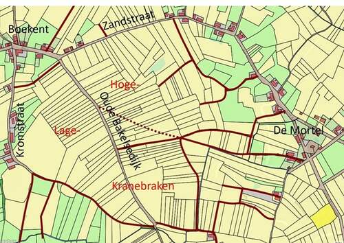 Het open akkercomplex Hoge en Lage Kranebraken in Gemert tussen het gehucht Boekent en de Kromstraat in het westen en het dorp De Mortel in het oosten. De Oude Bakelsedijk, de historische weg van Bakel naar Gemert, loopt nu nog als zandpad dwars over het akkercomplex. Op de kadastrale ondergrond van 1832 is in donkerbruin het fijnmazige patroon van historische wegen en paden getekend, zoals dat op topografische kaarten te vinden is. Gestippeld is de oude Mortelse kerkpad die schuin (binnendoor) over de akkerpercelen loopt vanuit het dorp De Mortel naar de Gemertse kerk. (Bron: Jan Timmers, 2020, ondergrond van www.historischegeografiebrabant.nl)