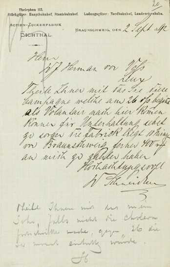 1Vader Heerma van Voss kreeg begin september 1892 een brief over de mogelijkheid voor zijn zoon Ulbo om stage te lopen in een suikerfabriek in Braunschweig. (Bron: West-Brabants Archief)