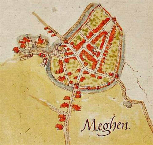 Megen in 1558 opgetekend door J. van Deventer. (Bron: Wikimedia Commons)