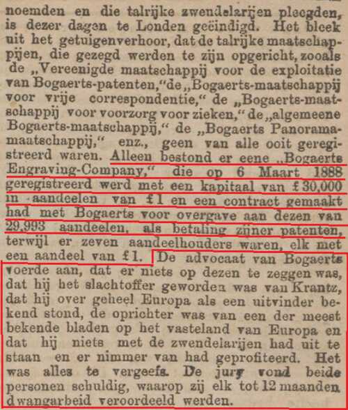 Het Nieuws van de Dag: kleine Courant van 4 december 1889, waarin Bogaerts' advocaat pleit dat zijn cliënt het slachtoffer geworden was van Krantz. (Bron: Het Nieuws van de Dag: kleine Courant, 4 december 1889)