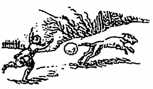 Een blaas, aan de staart van een hond gebonden. (Bron: Sechs und zwänzig nichtige Kinderspiel, Conrad Meijer, 1657)