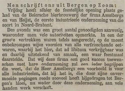 Een artikel uit "Het nieuws van den Dag" van 21 juli 1874 waarin verslag wordt gedaan van de rondleiding in de nieuwe brouwerij. (Bron: Delpher kranten)