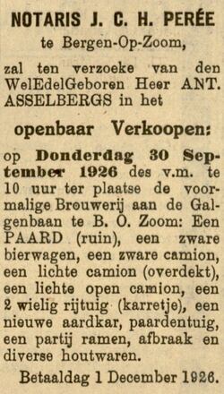 Advertentie in "De Grondwet" van 25 september 1926. Deze verkoop is het bewijs dat de bouwerij niet meer produceert. (Bron: Delpher kranten)