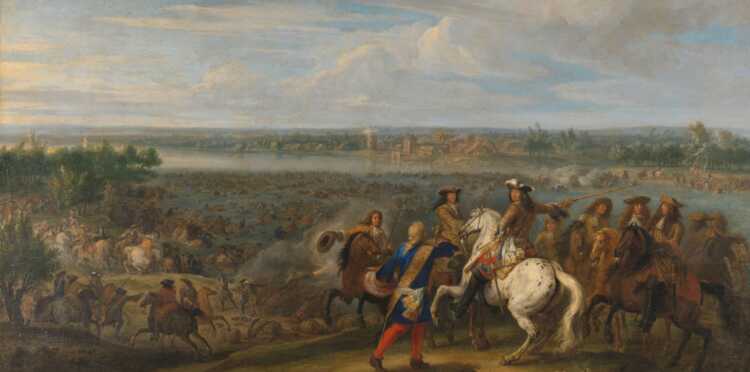 Lodewijk XIV steekt in 1672 bij Lobith de Rijn over om Nederland binnen te vallen. (Bron: Adriaan Frans van der Meulen, 1690, Rijksmuseum).