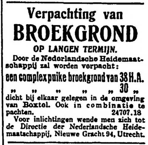 De advertentie voor de verpachting van de Goossenbunder en Hezelaarsbroek (Bron: NRC, 29 juni 1912, collectie Theo Bressers)