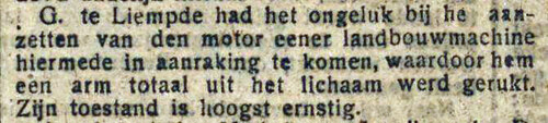 Een krantenartikel over het ongeluk van Jan Gerritzen tijdens het dorsen (Bron: De Tijd, 11 januari 1919, met dank aan Theo Bressers)