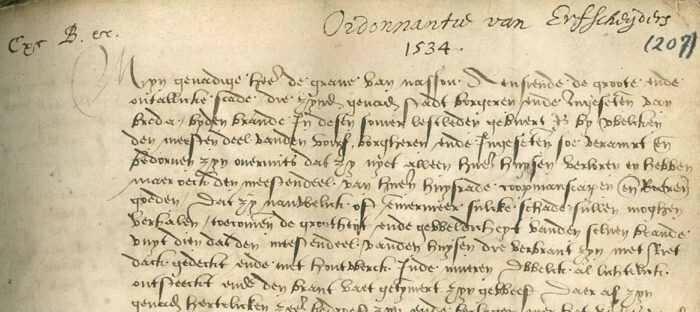 Een fragment van een ordonnantie, gevaardigd door Hendrik III van Nassau in Breda op 22 november 1534 (Bron: Erfgoed Breda)
