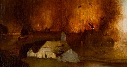 Uitsnede van De Verzoeking van de Heilige Antonius, geschilderd door Jeroen Bosch omstreeks 1500. Op de voorgrond is een boerderij geschilderd en op de achtergrond een grote brand. (Bron: Museu de Arte de São Paulo)