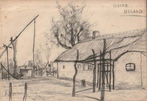 Een houtskoolschets van een boerderij in Nuland, ca. 1944 (Bron: The van der Biezen, eigen collectie)