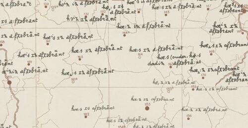 Een uitsnede van de kaart uit de Reeks Nederlandse Dialectatlassen, met daarop de laatste drie woorden van de zin "Ons oud huis is afgebrand". Plaats 160 is Breda, 183 is Tilburg en 150 is ’s-Hertogenbosch (Bron: Reeks Nederlandse Dialectatlassen, 1952)