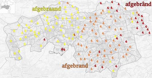 "Afgebrand" in de Noord-Brabantse dialecten. Deze kaart is voornamelijk gebaseerd op de kaart "Huis is afgebrand" in deel V en VII-X van de Reeks Nederlandse Dialectatlassen (Bron: Yoïn van Spijk, 2022, Jan Willem van Aalst / Wikimedia Commons 2017)