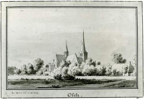 De Osse Willibrorduskerk in 1732 (Bron: Stadsarchief Oss)