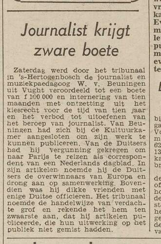 De krant Het Vrije Volk bericht op de voorpagina over het vonnis van de 2e Kamer van het Bossche tribunaal. Delpher
