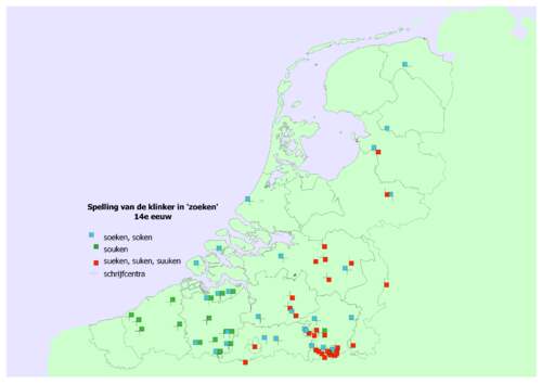 De spellingen van 'zoeken' in het Middelnederlands weergegeven. (Bron: Chris De Wulf)