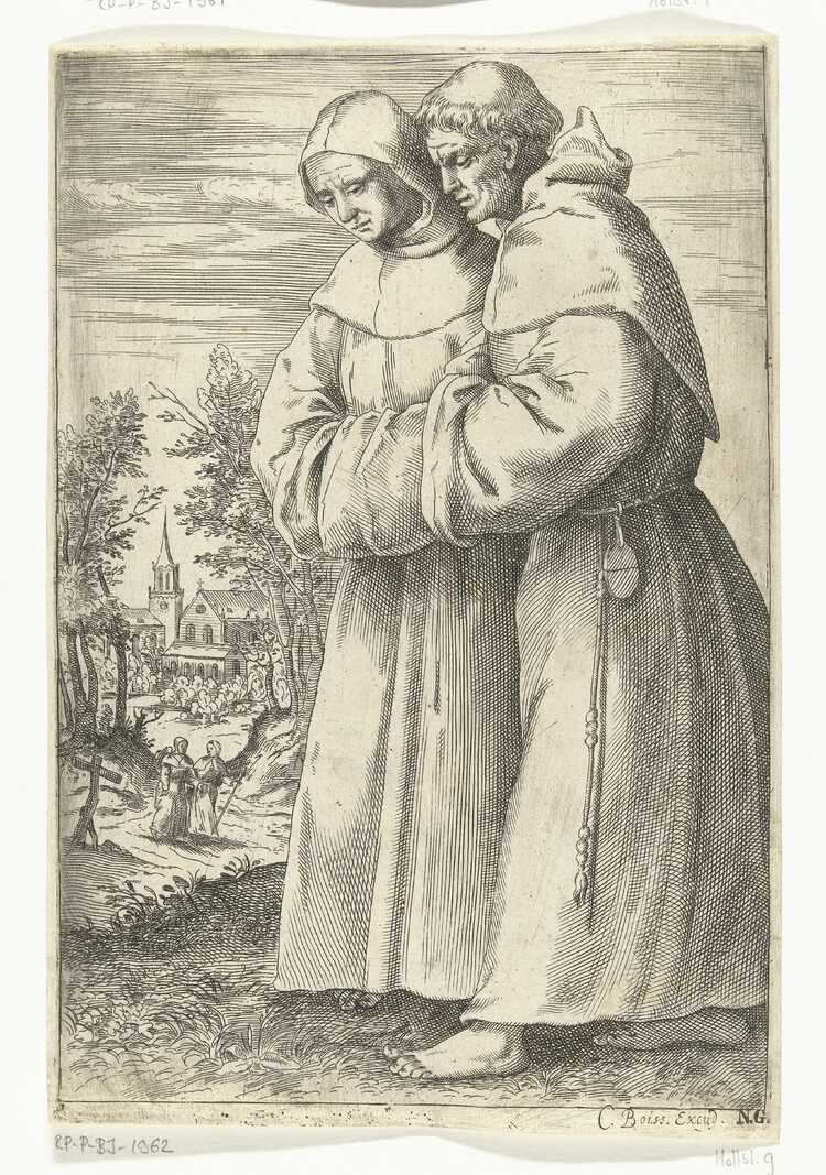 Twee lopende monniken, Cornelis Dircksz. Boissens (toegeschreven aan), naar Cornelis Dircksz. Boissens, ca. 1593 - ca. 1634