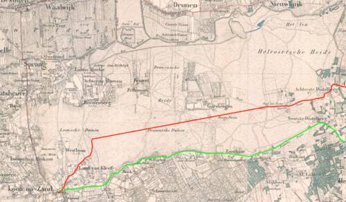 De verplaatsing van de oost-westroute door de Loonse en Drunense Duinen in 1765. Vanaf dat jaar werd de weg gebruikt op de groene lijn, daarvoor het traject van de rode lijn.