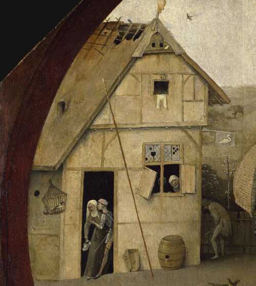 Een herberg op het schilderij De Marskramer van Jeroen Bosch