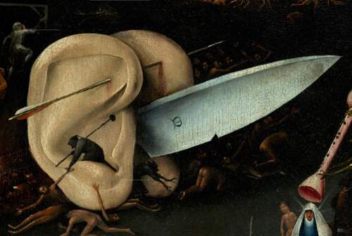 Uitsnede van het rechterpaneel van Jeroen Bosch Tuin der Lusten met daarop een mes  1490 1510 Museo del Prado