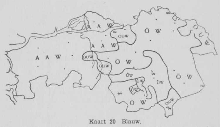 Kaart 1: "Blauw" in de Noord-Brabantse dialecten. AAW staat voor blaauw, OUW voor blouw met een korte o-klank of blauw zoals in het Nederlands, ŌW voor blaow met de klinker van roze en Ū̀W voor blèùw met de klinker van oeuvre (Bron: A. Weijnen 1937)