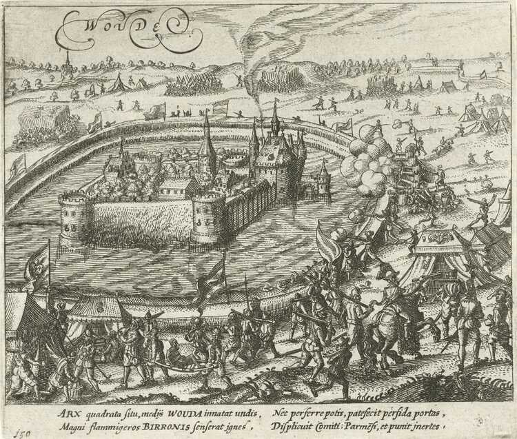 Beleg en verovering van het kasteel van Wouw bij Bergen op Zoom door het Staatse leger onder maarschalk Biron, 9 en 10 mei 1583. (Bron: Anoniem, omstreeks 1615, Rijksmuseum Amsterdam)
