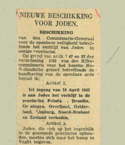 Noord-Brabant en zeven andere provincies zijn vanaf 10 april 1943 verboden voor Joden. (Bron: Provinciale Noordbrabantsche Courant, 1943)
