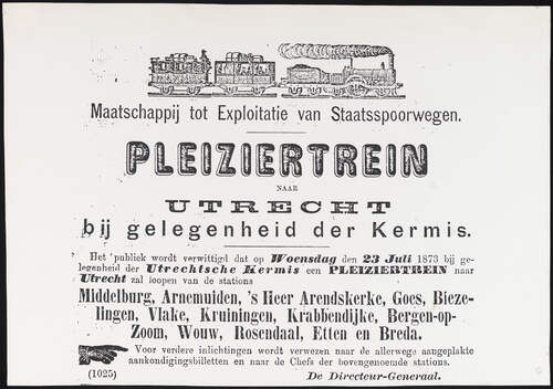 In 1873 reed er ter gelegenheid van de kermis een speciale pleziertrein. Archief West-Brabant roo-0286 Affichecollectie (voormalig) gemeentearchief Roosendaal