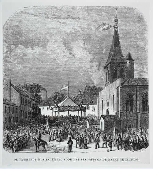 1 Oktober 1863 werd feestelijk in Tilburg gevierd dat de spoorwegaansluiting met Breda gereed was. (Bron: www.tijdmachinetilburg.nl)