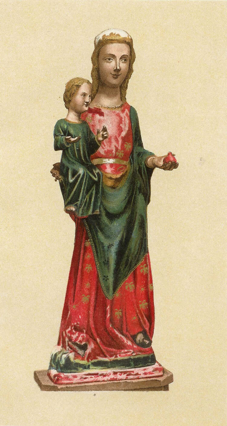 Een gespiegelde prent van het beeld van de Zoete Lieve Vrouw gemaakt rond 1900 door pater Jan Kronenburg. (Bron: J.A.F. Kronenburg, Maria’s Heerlijkheid in Nederland, 1904)