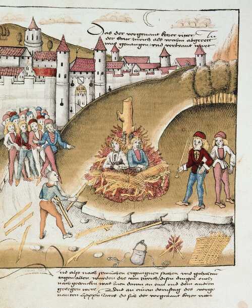 Verbranding van de ridder Richard Puller von Hohenburg met zijn bediende, de kapper en luitspeler Anton Maetzler op 24 september 1482 in Zürich, wegens sodomie. (Bron: Diebold Schilling der Ältere (1430-1486): Große Burgunder Chronik, Zentralbibliothek, ca. 1483)