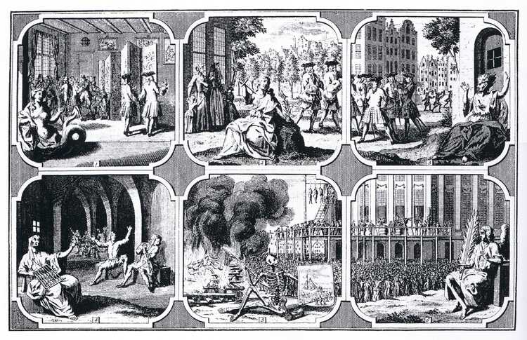 Prent waarop de straffen voor sodomie als waarschuwing verbeeld zijn. De prent komt uit Amsterdam, 1731, na de eerste grote vervolgingsgolf in de Republiek der Nederlanden (Bron: Wikimedia Commons, 1731)