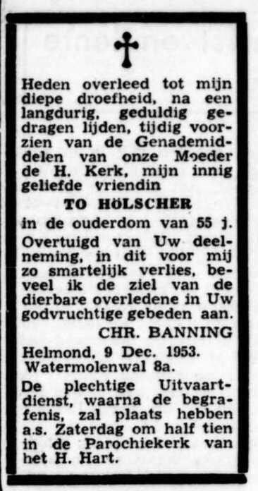 Rouwadvertentie van To Hölscher in De Tijd, geplaatst door Christine Banning in 1953 (Bron: De Tijd, 11 december 1953)